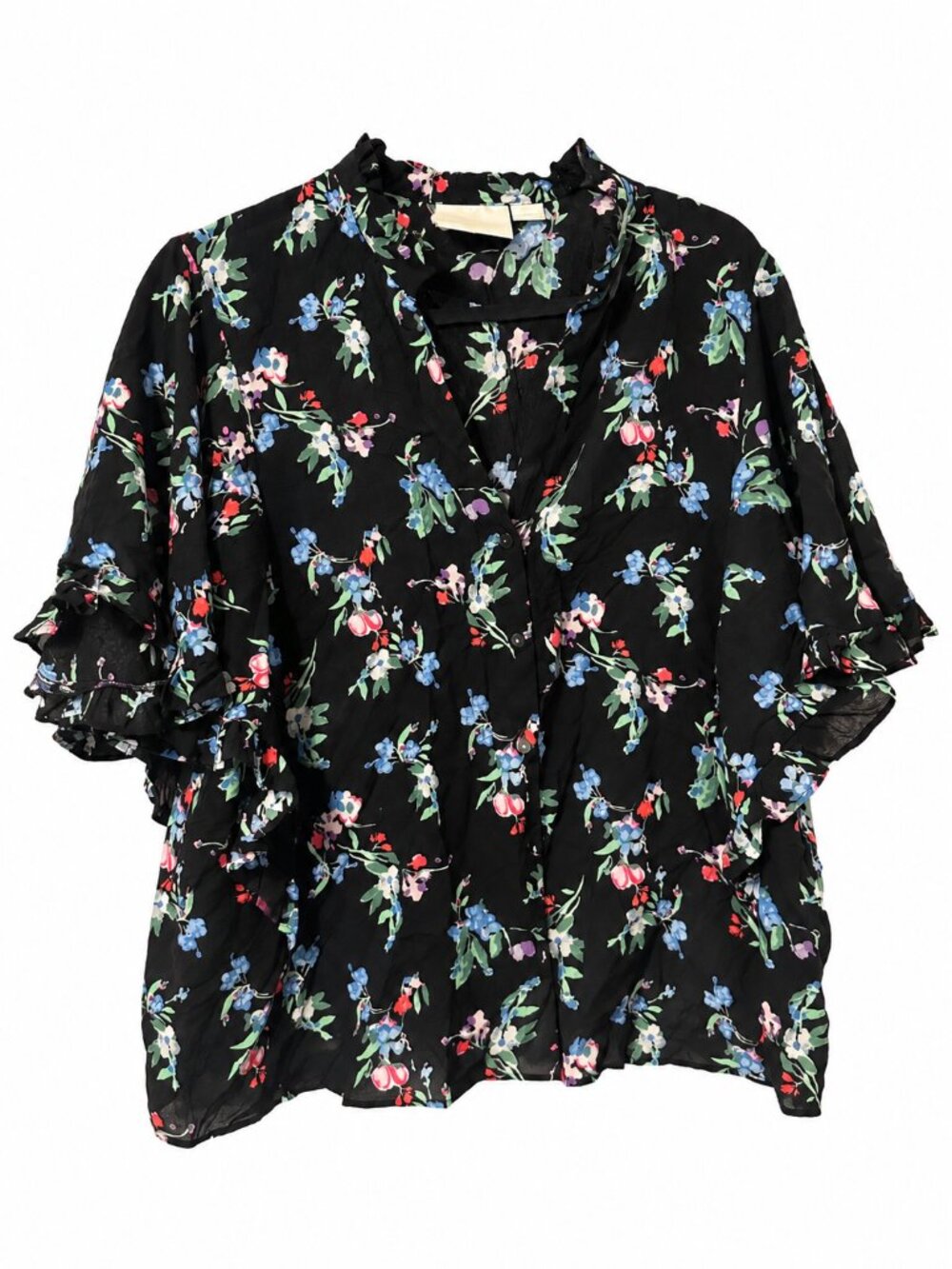 Maeve Anthropologie Black Floral Ruffle Sleeve Blouse L